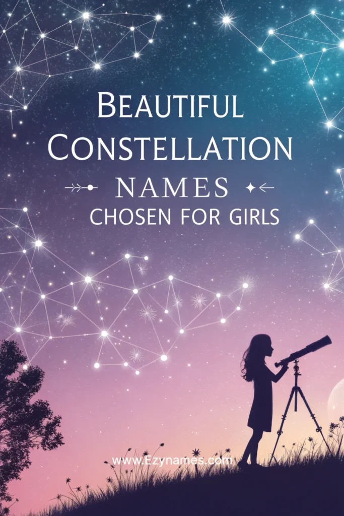 Night sky with constellations and silhouette of girl using telescope, text “Beautiful Constellation Names Chosen for Girls.”