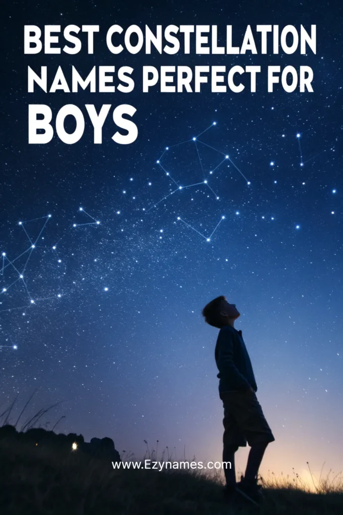 Starry night sky with constellations above a boy gazing upward, text “Best Constellation Names Perfect for Boys.”