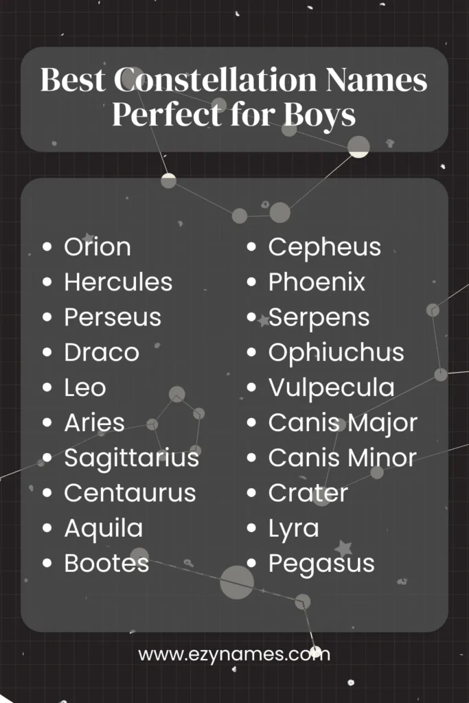 Starry night sky with constellations above a boy gazing upward, text “Best Constellation Names Perfect for Boys.” with names