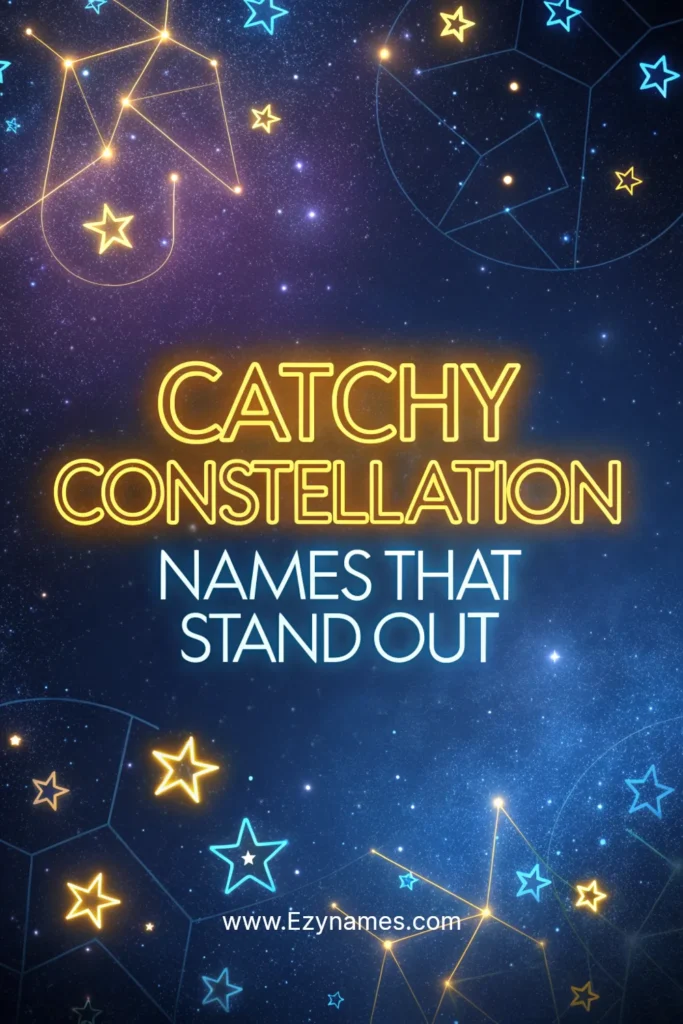 Colorful cosmic background with glowing constellations, neon-style text “Catchy Constellation Names That Stand Out.”