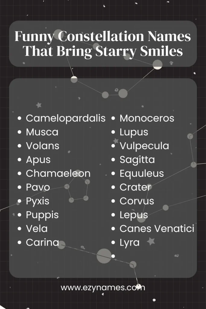 Cute cartoon night sky with bunny and cat stargazing, smiling moon, text “Funny Constellation Names That Bring Starry Smiles.” with names