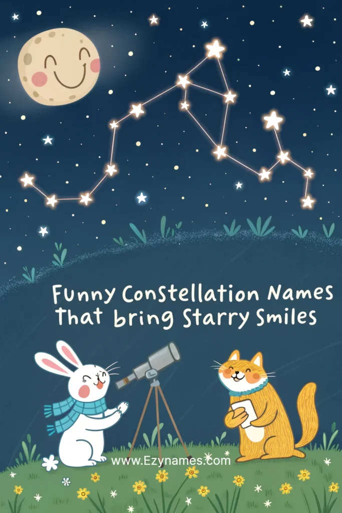 Cute cartoon night sky with bunny and cat stargazing, smiling moon, text “Funny Constellation Names That Bring Starry Smiles.”