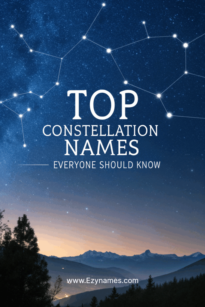 Mountain landscape under starry sky with constellations, text “Top Constellation Names Everyone Should Know.”