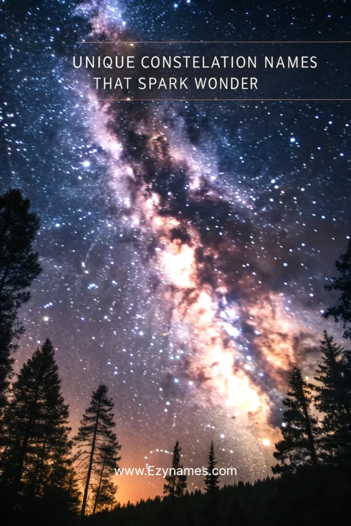 Milky Way galaxy glowing over forest trees, text “Unique Constellation Names That Spark Wonder.”