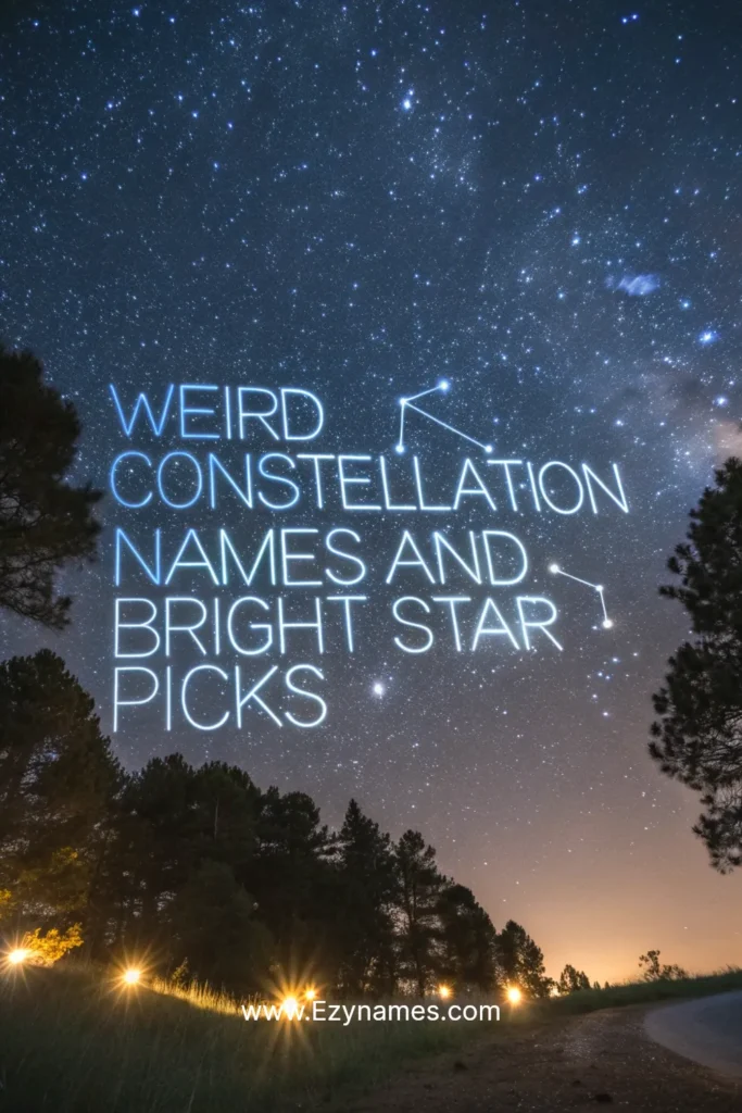 Starry night sky with unusual constellation outlines glowing brightly, text “Weird Constellation Names and Bright Star Picks.”