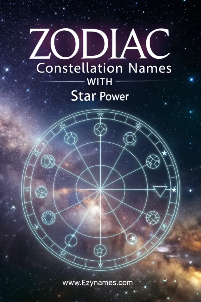 Glowing zodiac constellations in a starry cosmic sky, circular zodiac design, text “Zodiac Constellation Names with Star Power.”