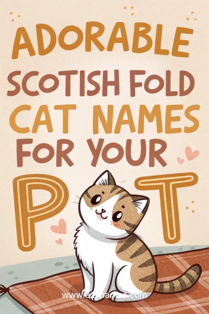 Cute Scottish Fold cat illustration sitting on a tartan rug with playful big text Adorable Scottish Fold Cat Names for Your Pet and site name www.ezynames.com
.