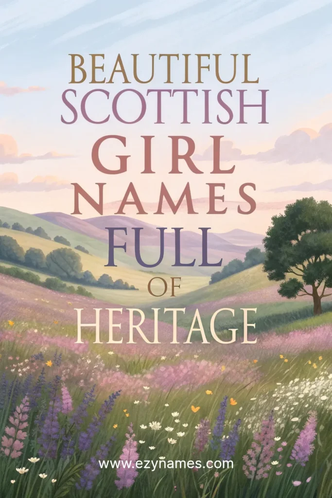 Scenic Scottish meadow with wildflowers and rolling hills at sunset, featuring large pastel text Beautiful Scottish Girl Names Full of Heritage and site name www.ezynames.com
.