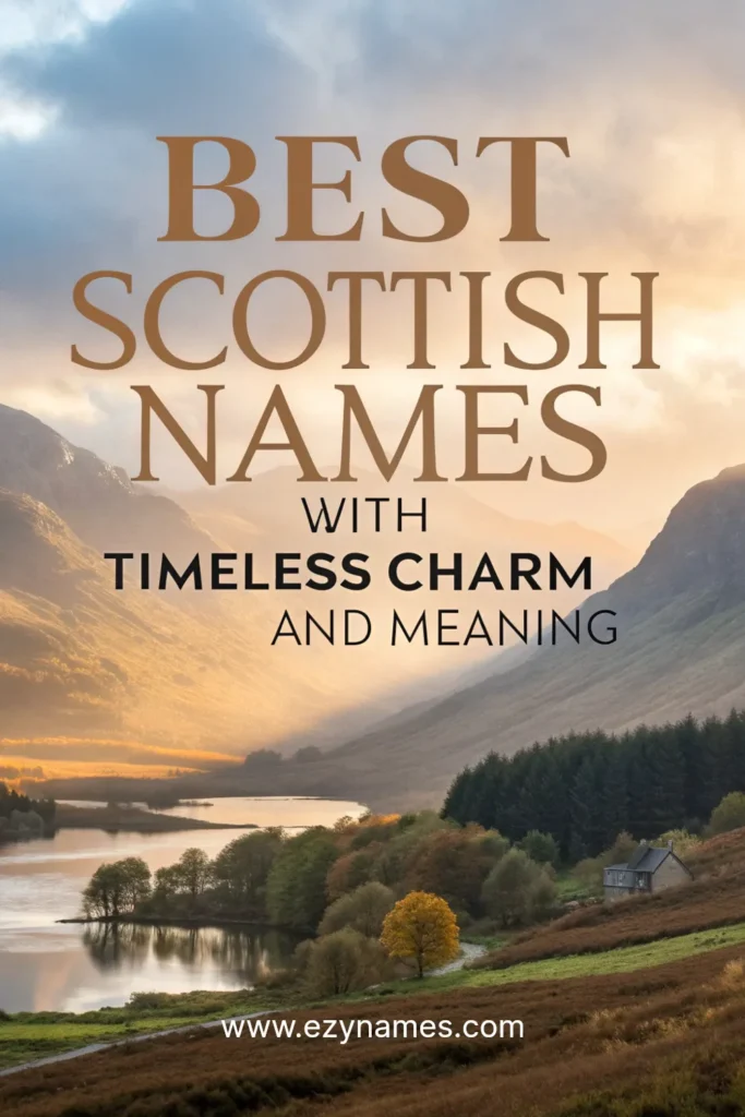 Tranquil Scottish Highlands landscape with a loch and mountains at sunrise, with big centered text Best Scottish Names with Timeless Charm and Meaning and site name www.ezynames.com
.