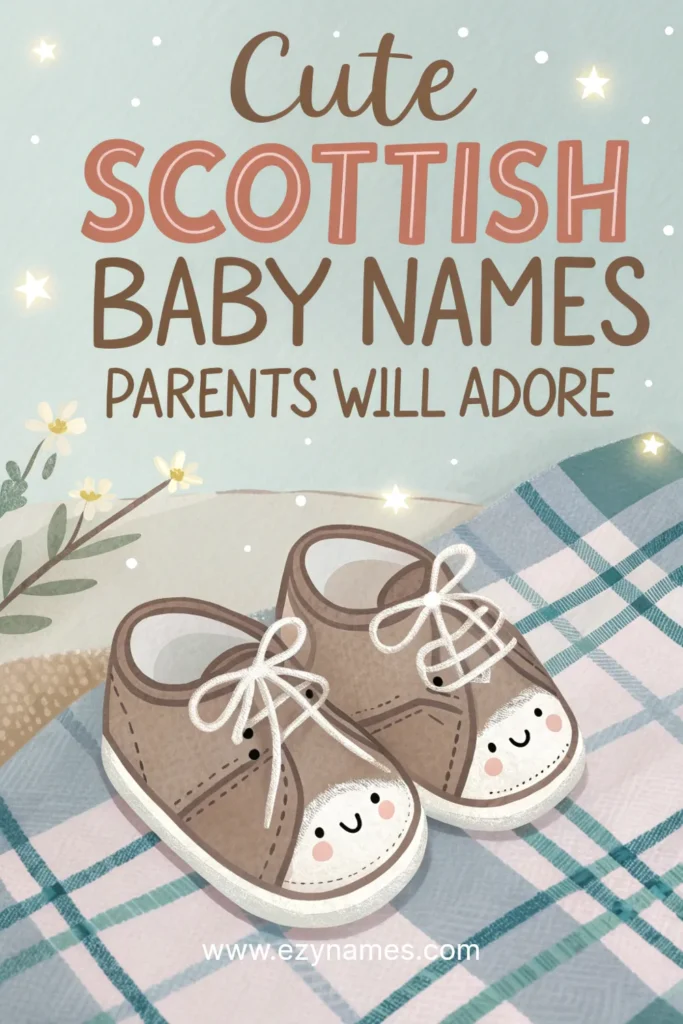 Soft pastel illustration of baby shoes on a tartan blanket, decorated with stars and flowers, with big playful text Cute Scottish Baby Names Parents Will Adore and site name www.ezynames.com
.