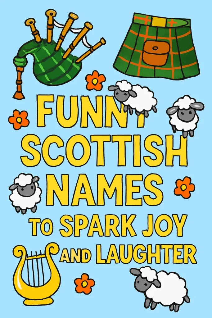 Cartoon-style image with bagpipes, a tartan kilt, sheep, and flowers, featuring large yellow text Funny Scottish Names to Spark Joy and Laughter.