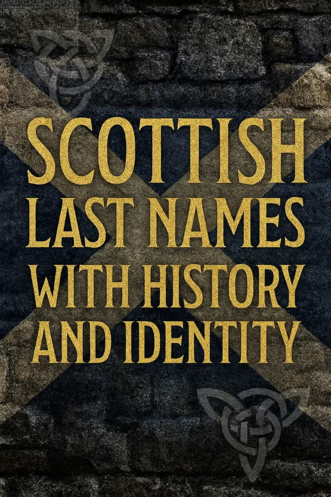 Stone wall background with a faded Scottish flag and Celtic knot symbols, showcasing bold gold text Scottish Last Names with History and Identity.