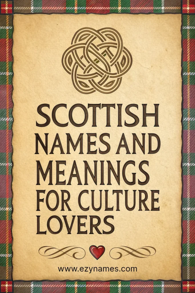 Celtic knot artwork on parchment with tartan border, featuring bold brown text Scottish Names and Meanings for Culture Lovers and site name www.ezynames.com
.