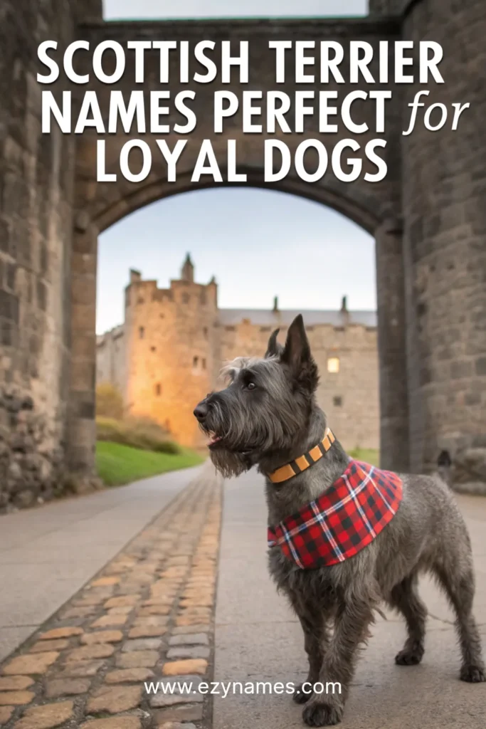 Scottish Terrier in tartan scarf standing at a stone castle gate, with large bold white text Scottish Terrier Names Perfect for Loyal Dogs and site name www.ezynames.com
.