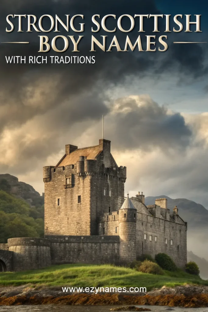Dramatic view of a Scottish castle under cloudy skies, showcasing bold serif text Strong Scottish Boy Names with Rich Traditions and site name www.ezynames.com
.