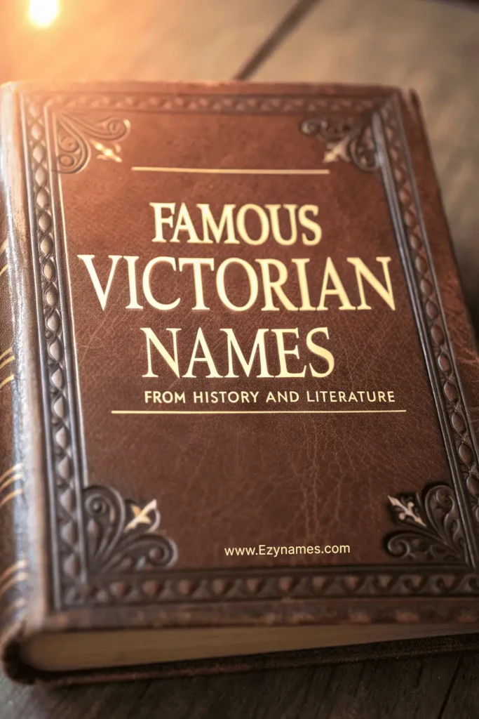Antique leather book with candlelight glow, blurred edges, central plain space for text, gold/white serif font, title written: “Famous Victorian Names from History and Literature”