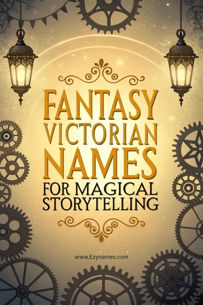 Steampunk gears and lanterns at edges, glowing gradient center for contrast, bold gold serif text, title written: “Fantasy Victorian Names for Magical Storytelling”
