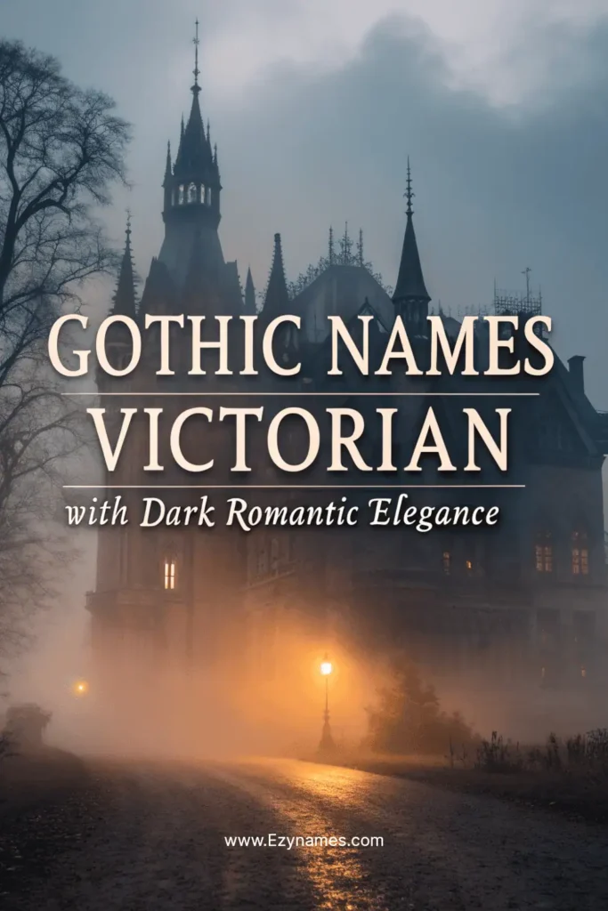 Gothic mansion in mist with fog glow at center, bold white serif text overlay, title written: “Gothic Names Victorian with Dark Romantic Elegance”