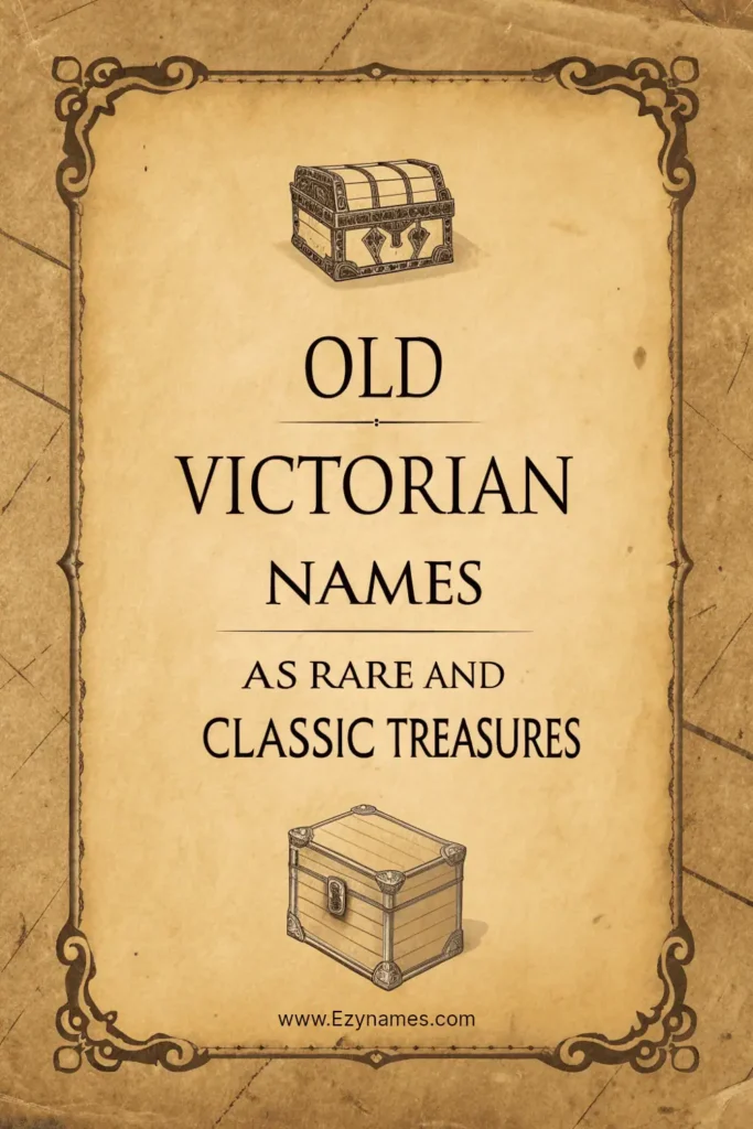 Sepia parchment with treasure chest faintly in corners, central light area, black serif text in middle, title written: “Old Victorian Names as Rare and Classic Treasures”