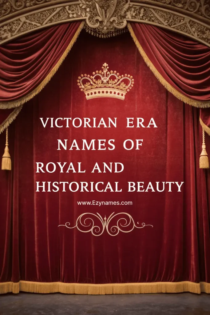 Deep red velvet curtain background with golden crown detail, white serif text in middle, title written: “Victorian Era Names of Royal and Historical Beauty”