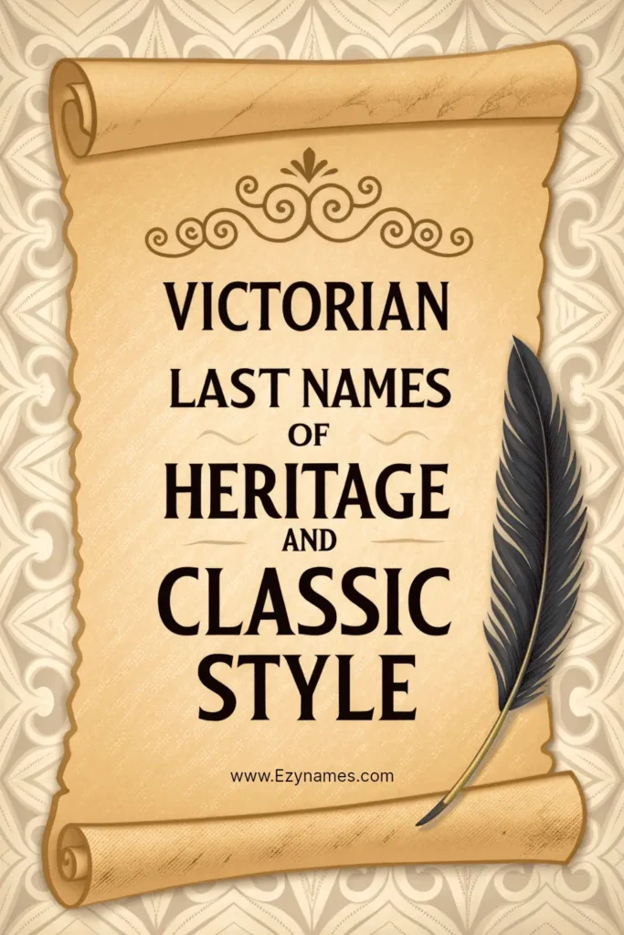Antique scroll background with faded quill motif, central cream area, bold black serif text, title written: “Victorian Last Names of Heritage and Classic Style”