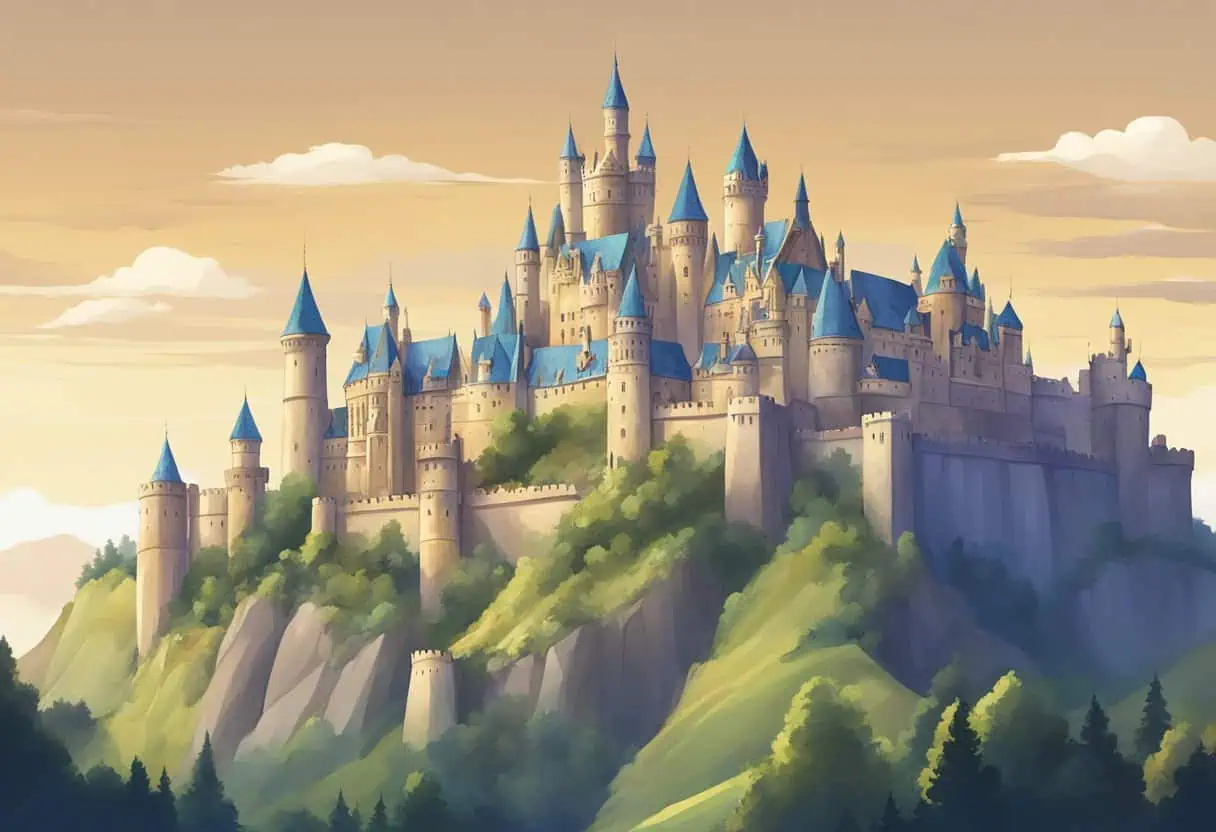 Elegant hilltop castle with towering spires, perfect for fantasy castle names