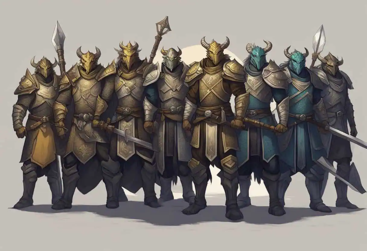 A group of ten fierce Dragonborn warriors stand in a circle, each adorned with unique armor and wielding powerful weapons. Their names are whispered on the wind