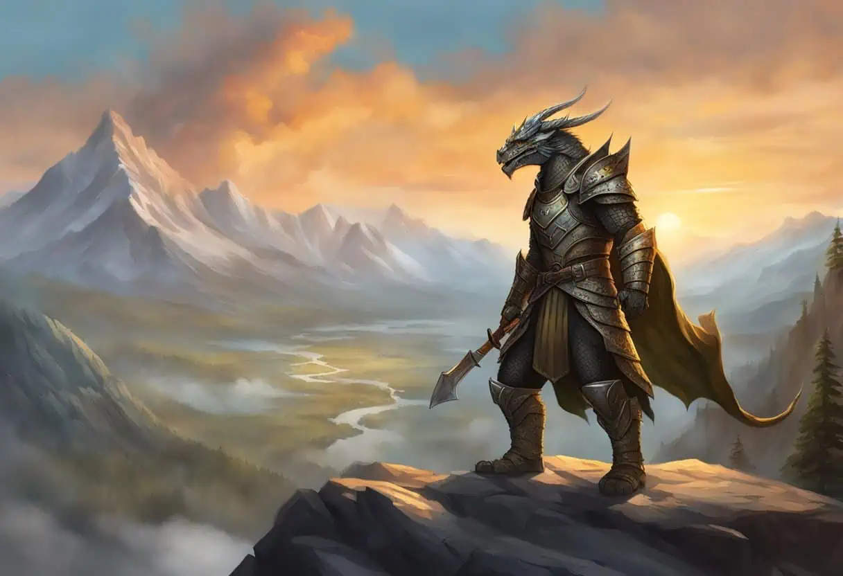 A fierce Dragonborn warrior stands atop a mountain, breathing fire with a name emblazoned on their armor