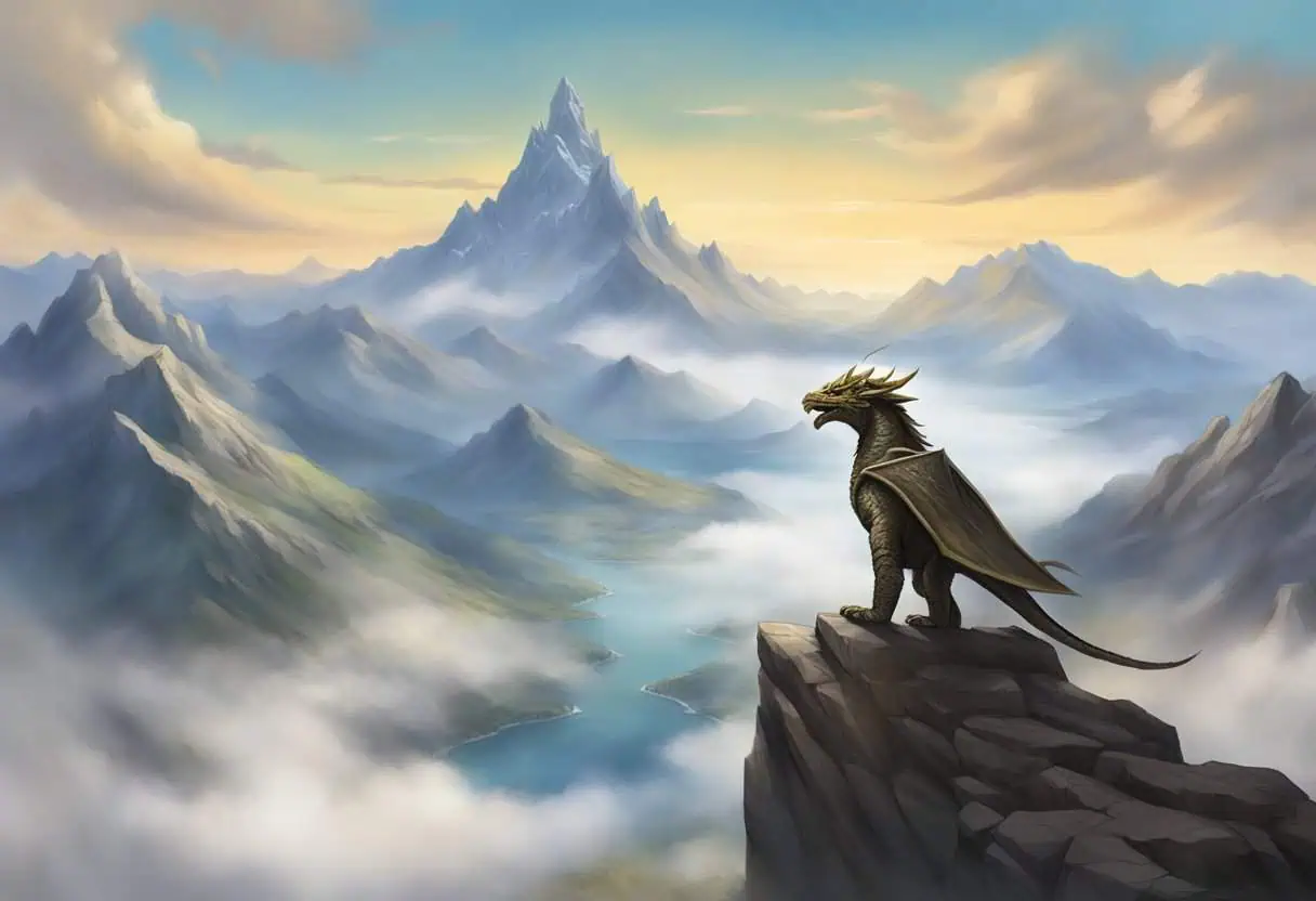 A majestic Dragonborn stands proudly atop a mountain peak, gazing out over a vast and rugged landscape, ready to choose a name that reflects their strength and wisdom