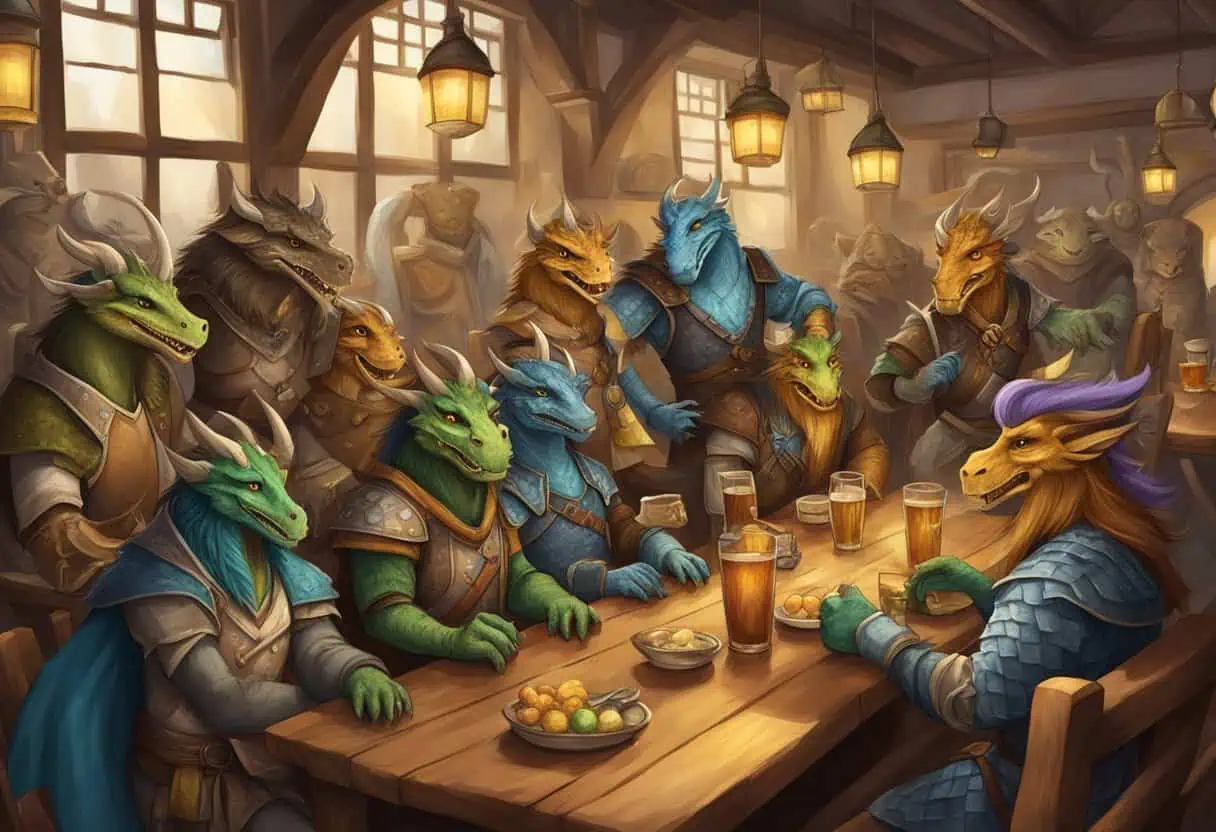 A group of colorful and whimsical dragonborn characters gather in a lively tavern, each with their own unique and humorous name