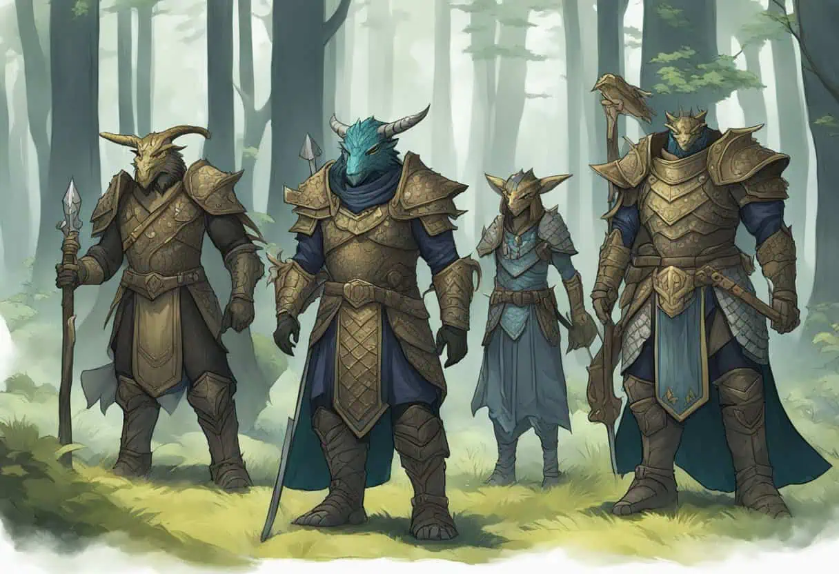 A group of Dragonborn gather, each with unique features and elaborate names, standing proudly in a mystical forest clearing