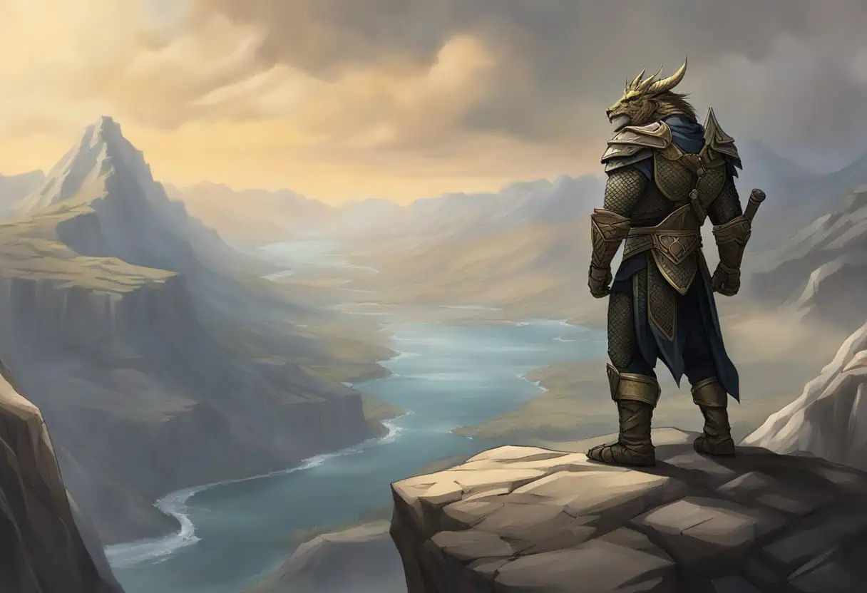 A fierce Dragonborn warrior stands atop a rocky cliff, gazing out over a rugged landscape with a look of determination in their eyes