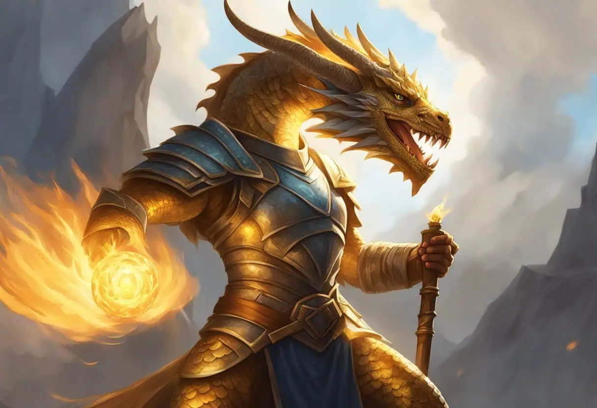 A female dragonborn stands proudly, her scales glinting in the sunlight as she breathes fire, exuding strength and power