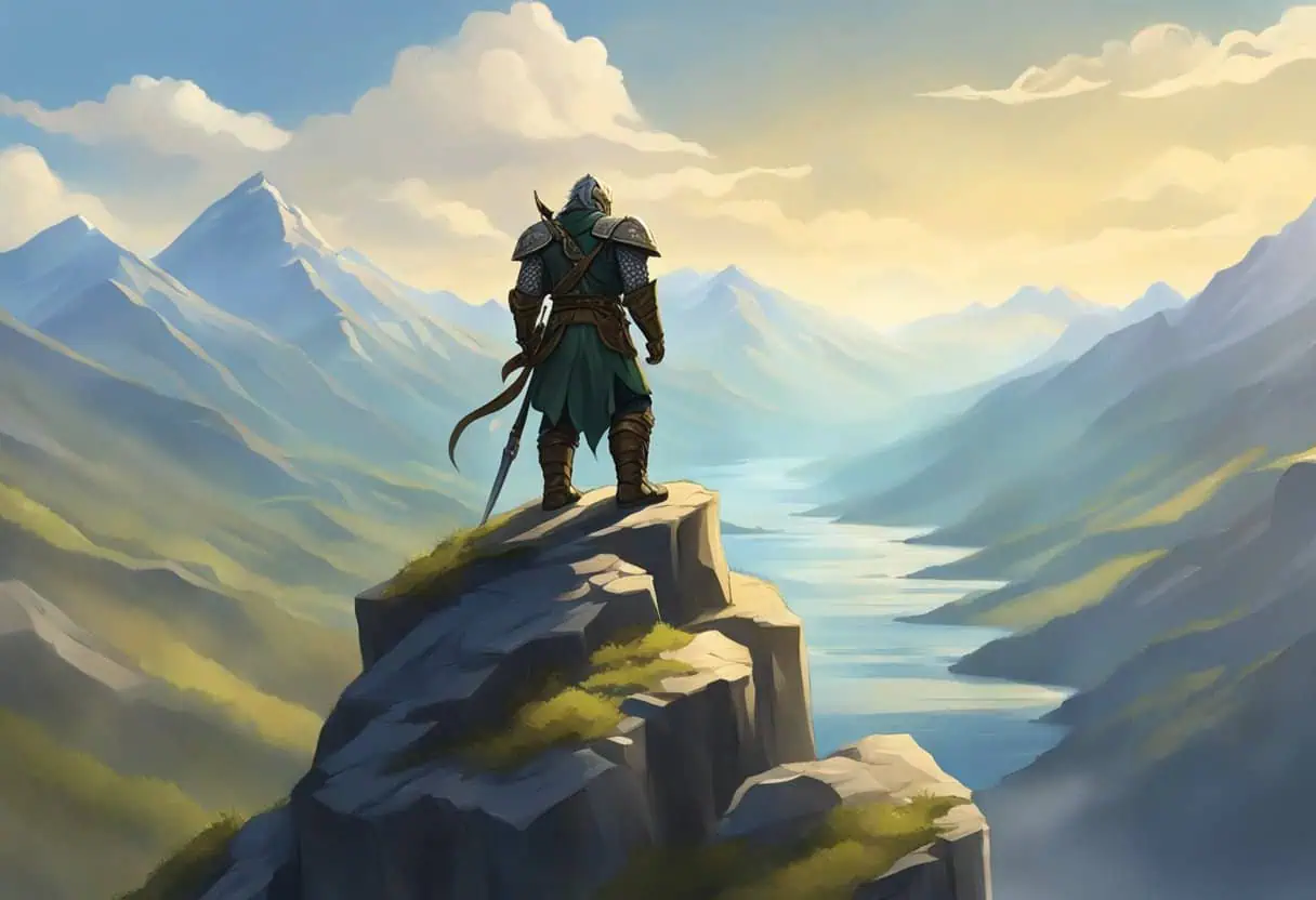 A mighty dragonborn warrior stands atop a rocky cliff, his scales glistening in the sunlight as he surveys the vast mountainous landscape below