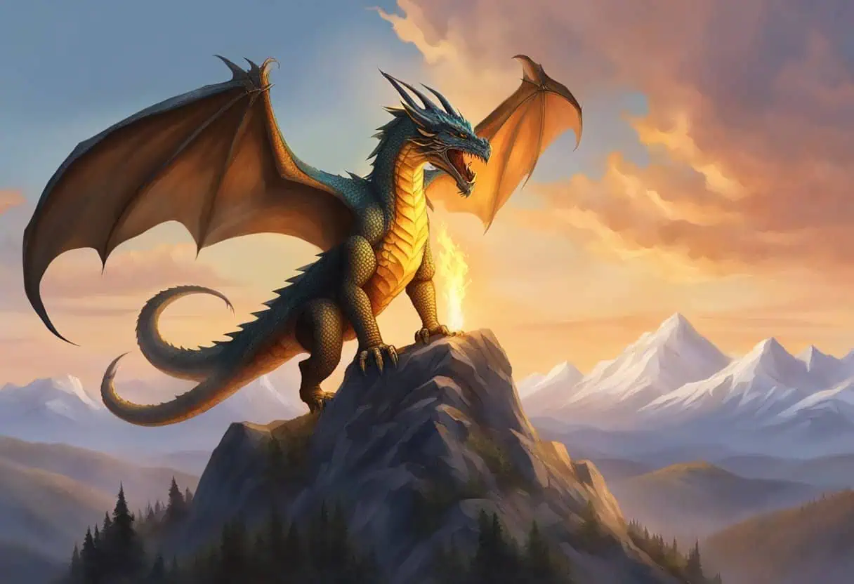 A majestic dragonborn stands atop a mountain peak, breathing fire into the sky with its wings spread wide