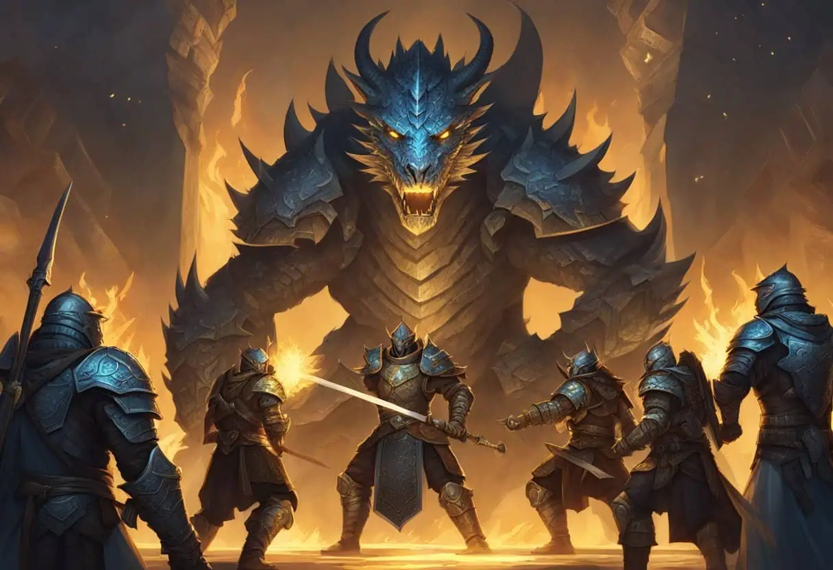 A group of Dragonborn warriors stand in a circle, each one adorned with intricate armor and wielding mighty weapons, their fierce eyes reflecting the firelight