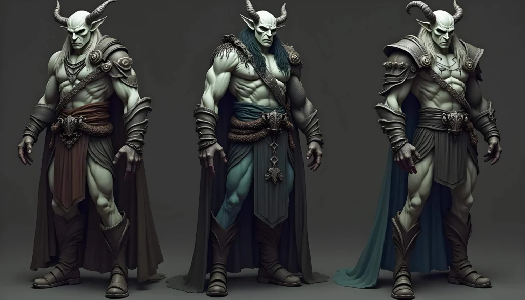 Drow figures with tribal markings - A lineup of six tribal Drow figures with distinct body markings, horns, and unique color patterns.

