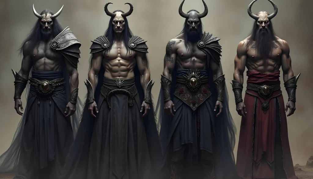 Dark-armored Drow soldiers - A lineup of muscular Drow soldiers in detailed black armor, standing in formation with menacing expressions.

