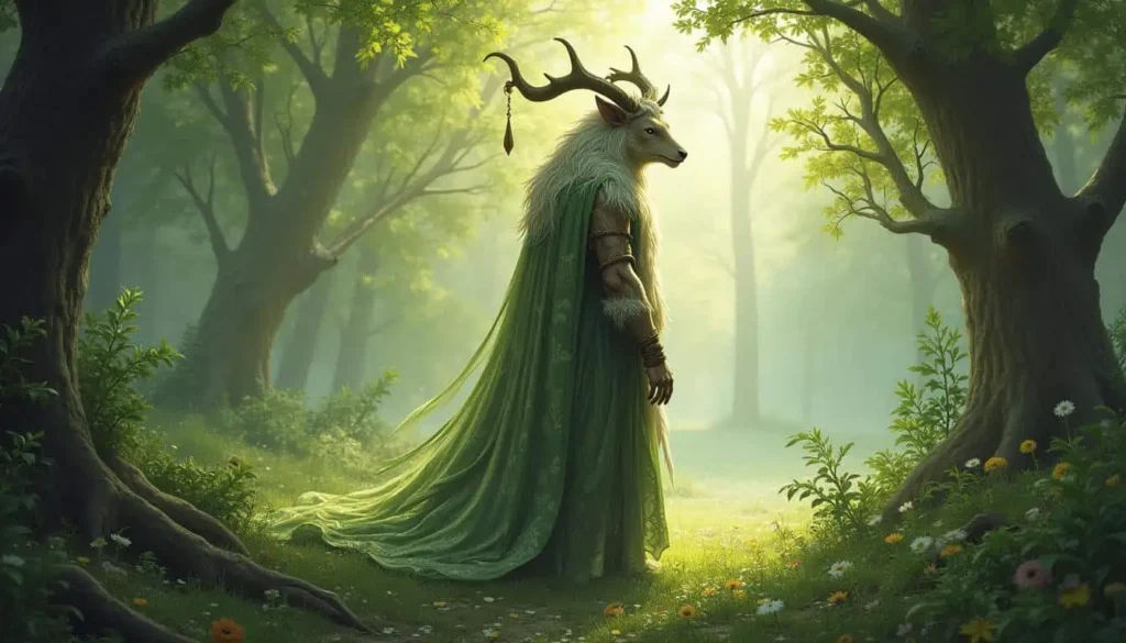 A mystical deer-like humanoid draped in green robes, standing majestically in a magical forest setting.
