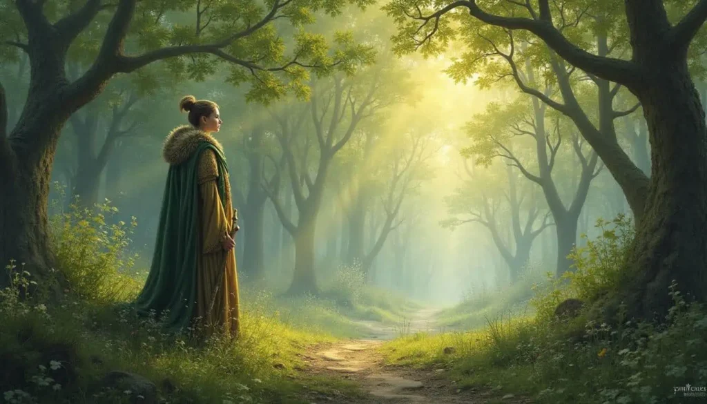  Two figures, one in a white dress and the other in green druidic attire with antlers, holding hands as they explore a vibrant forest meadow.