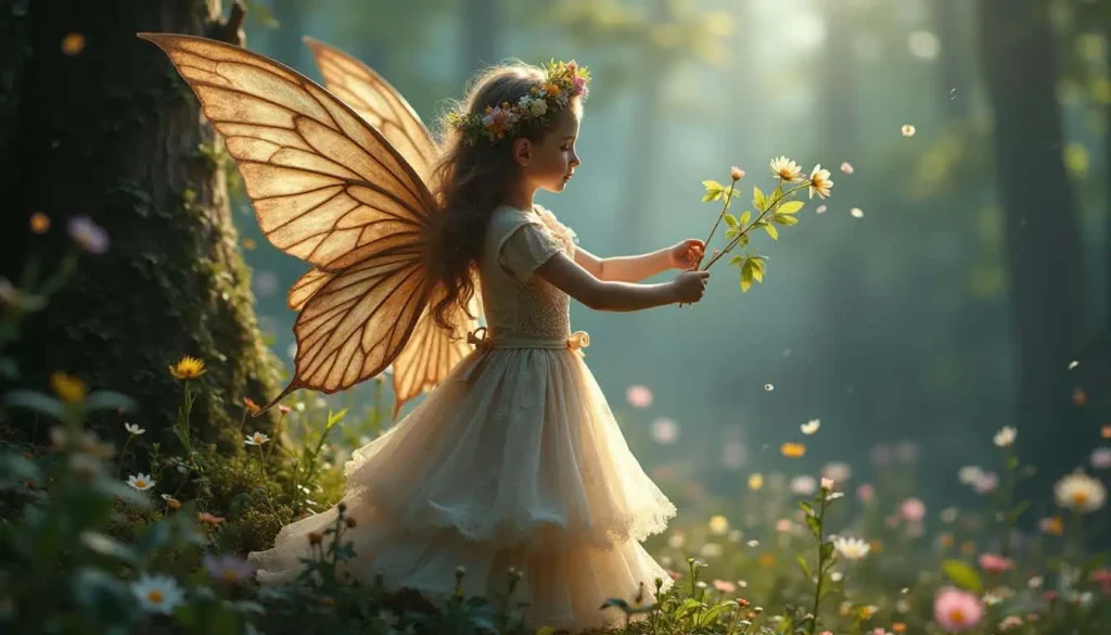 Fairy in a flower meadow - A fairy with golden wings admiring flowers in a sun-dappled, magical meadow.

