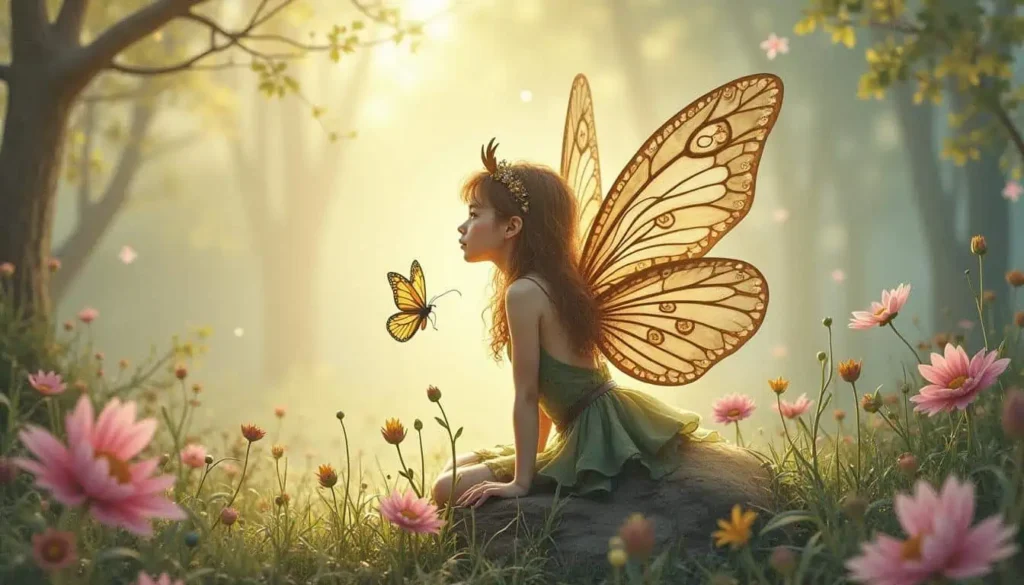 Fairy with butterfly companion - A fairy in a green dress mesmerized by a butterfly, surrounded by blooming flowers in a glowing forest.


