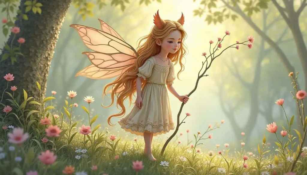 Fairy with a branch wand - A young fairy exploring a flower-filled meadow, holding a delicate branch like a wand.

