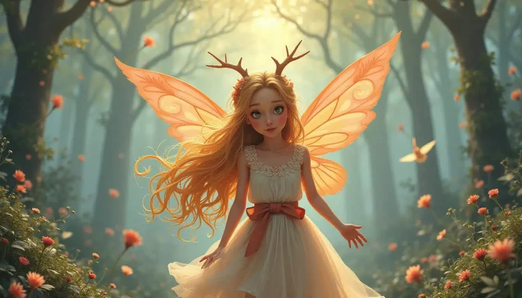 Golden-winged fairy with antlers - A fairy with glowing wings and small antlers, standing amidst a whimsical, sunlit forest.

