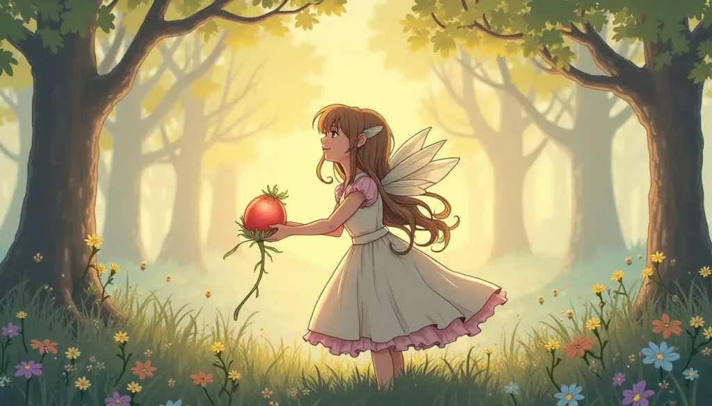 Fairy offering a heart-shaped fruit - A fairy in a flowing dress presenting a glowing red fruit in an enchanting woodland.

