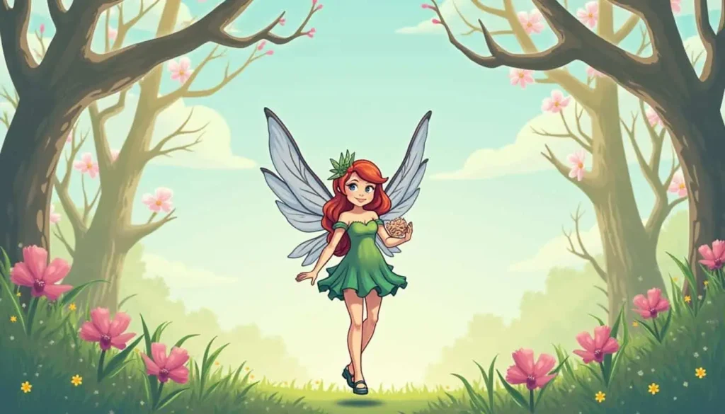 Red-haired fairy in bloom - A graceful red-haired fairy holding a basket, walking through a spring forest adorned with vibrant flowers.

