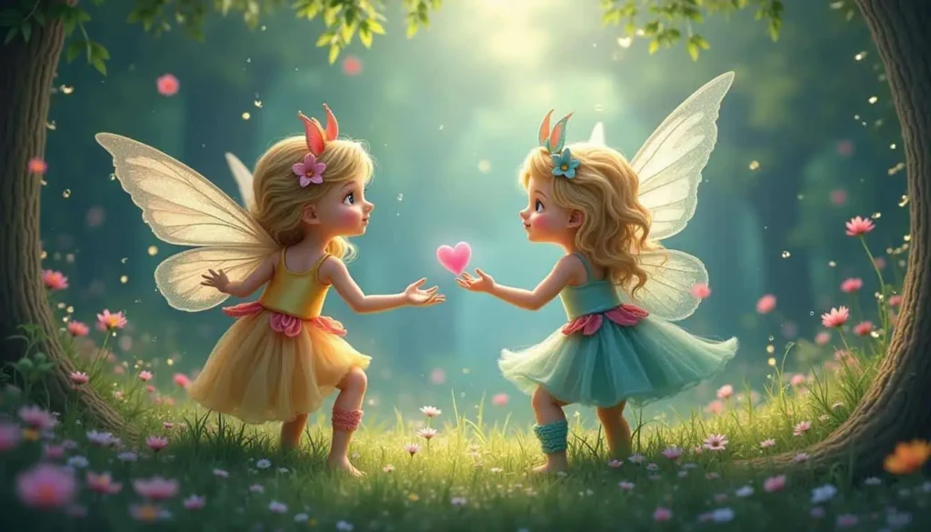 Two fairy sisters in a magical forest - Two young fairies exchanging a glowing pink heart amidst a serene, flower-filled woodland.

