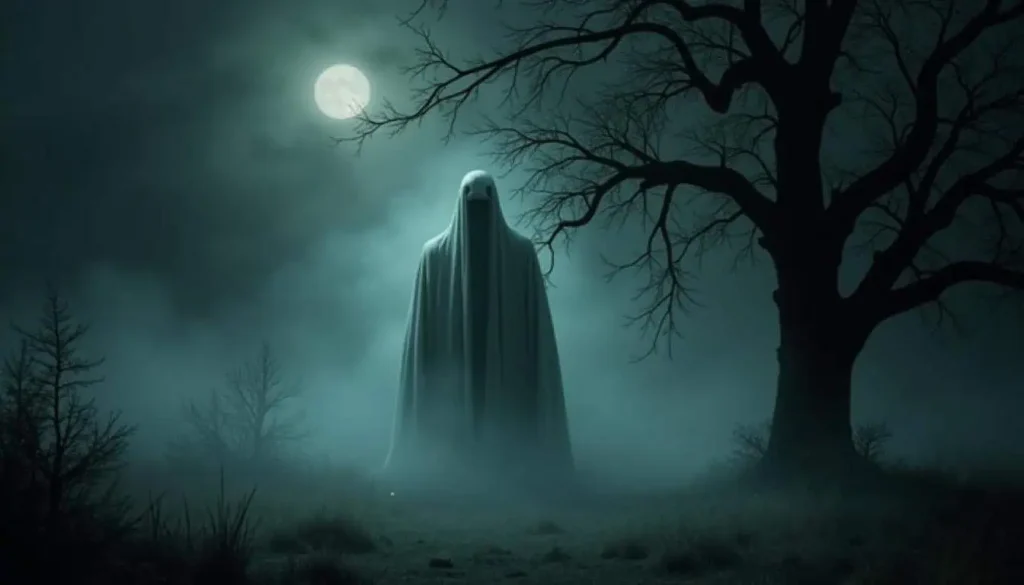 A ghostly figure shrouded in a white sheet, standing silently under the light of a full moon beside a barren tree.
