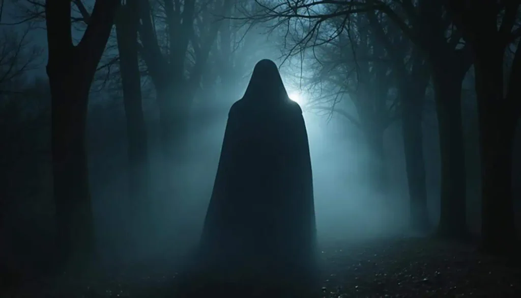 A dark figure cloaked in shadows, standing in a misty forest path with faint moonlight streaming through the trees.
