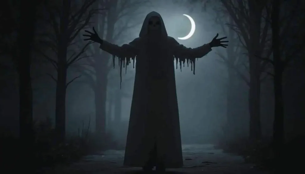 A lone spectral figure standing in the middle of a dark, foggy forest with arms outstretched, a crescent moon glowing behind.
